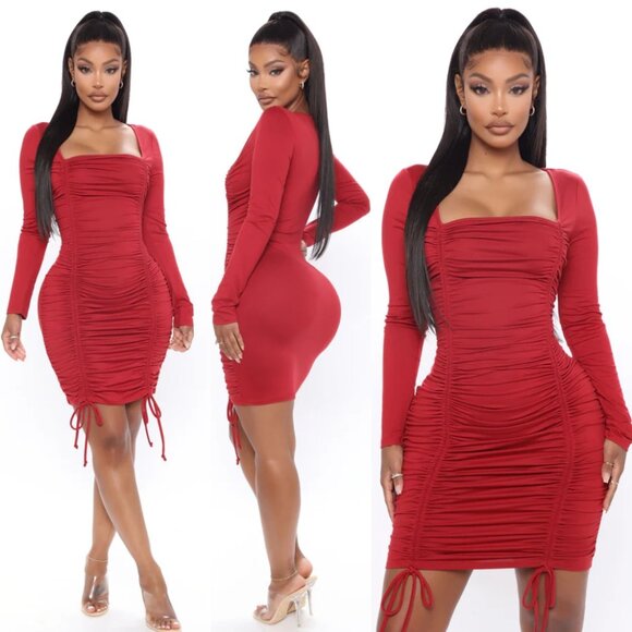 Fashion Nova Dresses & Skirts - Fashion Nova Red Ruched Long Sleeve Bodycon Mini Dress Size L